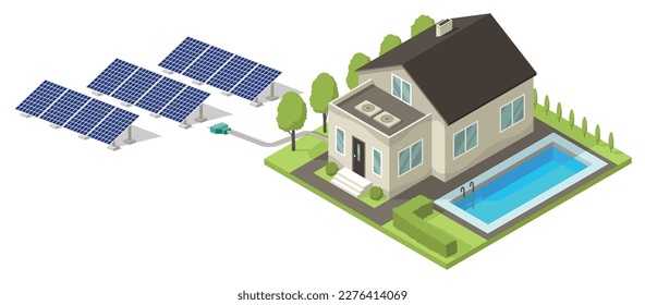 Isometric cottage icon with solar panel. Suburb house composition with swimming pool and lawn vector illustration. Infographic element representing suburban building. Private house