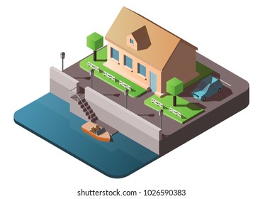 Isometric cottage near the water isolated