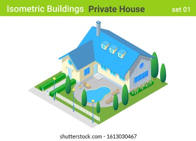 Isometric Cottage Private House with backyard garden and pool Building flat vector collection.