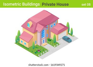 Isometric Cottage Private House with backyard garden Building flat vector collection.