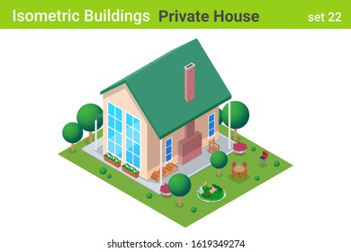 Isometric Cottage Private House with backyard garden Building flat vector collection.