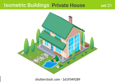 Isometric Cottage Private House with backyard garden Building flat vector collection.