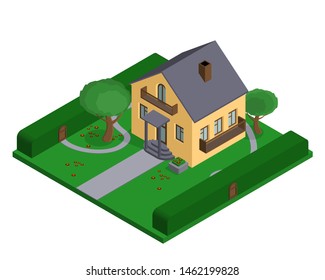 The isometric cottage or the small private house for brochures or web-sites of the enterprises of real estate. Yard, green lawn, driveway, green fence with gate, path, trees. Isometric vector EPS10