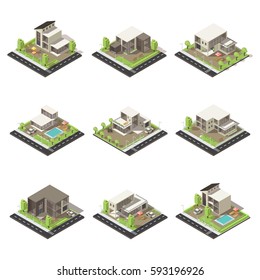 Isometric cottages and mansions set with suburban buildings of different architecture green trees pools and cars isolated vector illustration