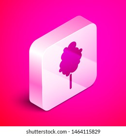 Isometric Cotton candy icon isolated on pink background. Silver square button. Vector Illustration