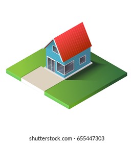 Isometric country house on green ground. The poster for sale the real estate, construction and leased concept and billboard.  Vector Illustration