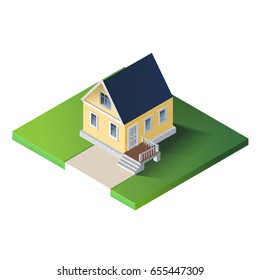 Isometric country house on green ground. The poster for sale the real estate, construction and leased concept and billboard.  Vector Illustration