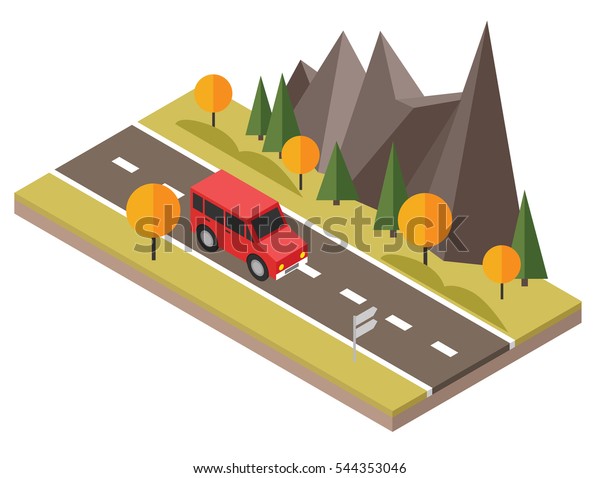 Isometric countryside. Fall road. Car goes through\
rocks and trees