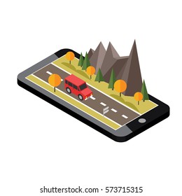 Isometric countryside. Fall road. Mobile geo tracking. Map. Car goes through rocks and trees