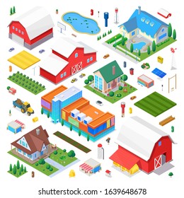 Isometric Countryside Farm scene generator creator vector design objects illustration. Cottage hangar school buildings construction cars tractor street objects collection