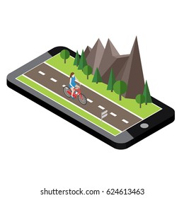 Isometric countryside. Summer road. Mobile geo tracking. Map. Woman cycling on countryside summer sunny road or highway