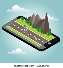 Isometric countryside. Summer road. Mobile geo tracking. Map. Woman cycling on countryside summer sunny road or highway