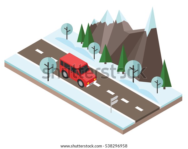 Isometric countryside. Winter road. Car goes\
through rocks and\
trees