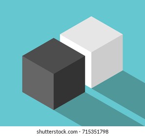 Isometric couple of different cubes, black and white, on turquoise blue background with long shadow. Love, friendship, partnership, difference, relationship and individuality concept. Flat design