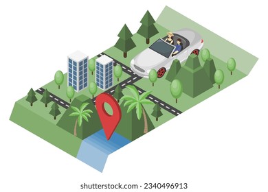 isometric a couple is driving a white silver convertible car on a 3D map surrounded by mountains, trees, and tall buildings with red point map on the sea. flat color illustration vector. 