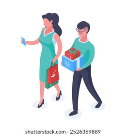 Isometric couple with gifts. People carrying gifts boxes and bags, family winter holidays preparation 3d vector illustration. Christmas characters carrying presents