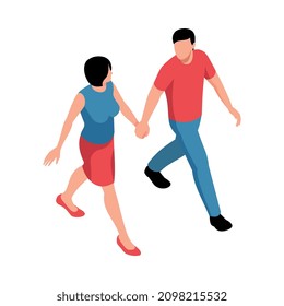 Pareja isométrica en composición de amor con personajes de parejas que caminan sosteniendo ilustraciones vectoriales de manos