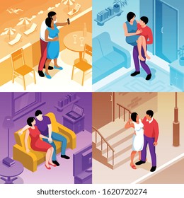 Isometric couple love compositions set of four square indoor and outdoor scenes of dating partners vector illustration