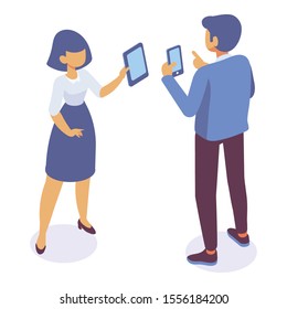 Isometric couple  man in suit and young  woman standing with gadgets. Isometric vector isolated illustration.	
