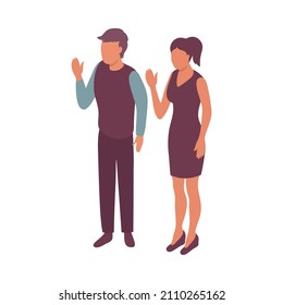 Isometric couple of man and woman waving their hands isolated 3d vector illustration