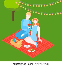 Isometric Couple Outside On Romantic Date. Valentine Day Picnic In The Park With Food Basket And Wine. Happy Boyfriend And Girlfriend Dating. Cartoon Man And Woman Have Relationship. Family And Love