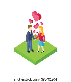 Isometric couple walk design flat. 3d people outdoor, together couple man and woman, young people walk, adult woman walking, friendship lover pair, walkway rest vector illustration