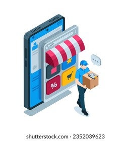 mensajero isométrico con una caja y un smartphone con una aplicación de tienda online abierta en color sobre fondo blanco, entrega de pedidos online