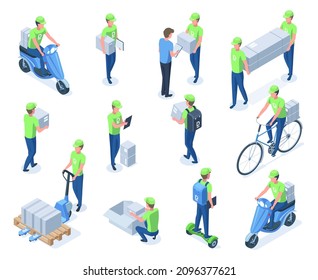Isometric courier characters, logistic, delivery service workers. Courier carry boxes, bring packages with bicycle or scooter vector illustration set. Parcel delivery service, shipping goods
