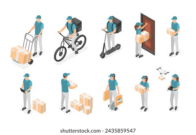 Caracteres de mensajería isométrica. Hombres y mujeres en uniforme con paquetes y cajas. Servicio logístico de entrega, mensajeros en bicicleta y scooter, conjunto de vectores impecable