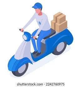 Isometric courier driving scooter. Delivery service worker receiving parcels flat vector illustration isolated on white background