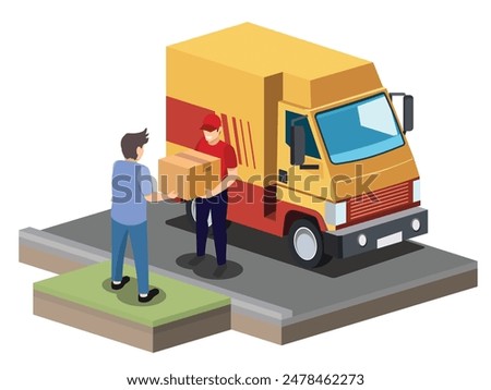 isometric courier with parcels and delivery van. Express mail courier delivery services. worker holding cardboard box in hands send to customer
