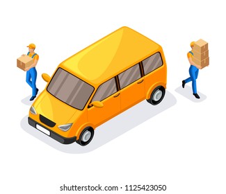 Isometric couriers from the delivery service, carry boxes, fast delivery of orders to different places. Express, Home, Fast delivery, Shipping.
