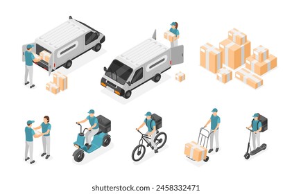 Isometric couriers. Delivery service characters and transport. Courier with parcel and cardboard boxes. Cargo truck, logistic workers flawless vector set