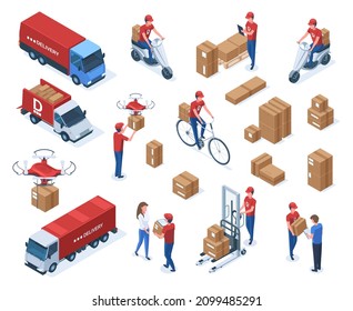 Isometric couriers, delivery service workers and logistic transport. Parcels delivery logistic truck, delivery man, boxes vector illustration set. Delivery service 3d elements. Shipping with drone