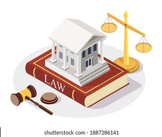Isometric court building standing on the Law book, scales of justice, gavel, flat vector illustration. Arbitration court. Law and justice. svg