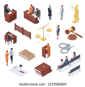 Isometric court, judge, litigation, lawyer, court and jurors. Judiciary pass and acquittal sentence vector illustration set. Justice and jury symbols. Legal gavel and lawyer, hammer and attorney