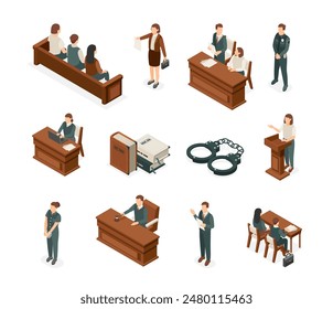 Isometric court. Justice and law elements, lawyer judges and policeman. Judgement and juridical process, defendant and witness flawless vector set