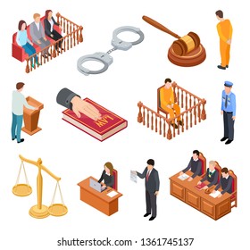 Isometric court of law. Trials defendant witness interrogation jury judge justice accused lawyer criminal legal prisoner vector icons