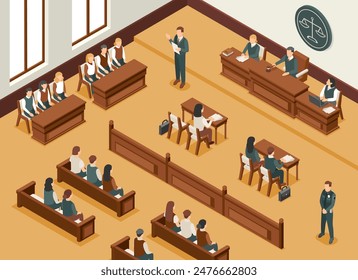 Isometric court process. Jurors witnesses lawyers and spectators at trial. Prosecutor reads charge, judge makes decision. Courtroom flawless vector scene