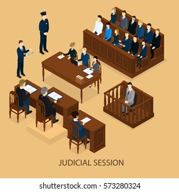 Isometric court session template with judge lawyers defendant police officer and jury trial vector illustration 