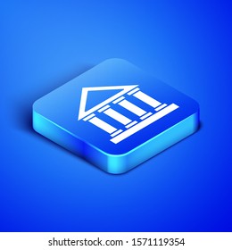 Isometric Courthouse building icon isolated on blue background. Building bank or museum. Blue square button. Vector Illustration