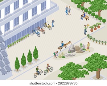 Isometric courtyard beside a building with solar panel facade, colorful bikes at a rack, detailed people walking, cycling and gardening, park benches, topiary trees and decorative rocks.