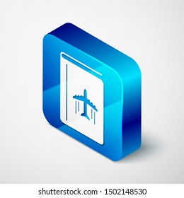 Isometric Cover book travel guide icon isolated on white background. Blue square button. Vector Illustration