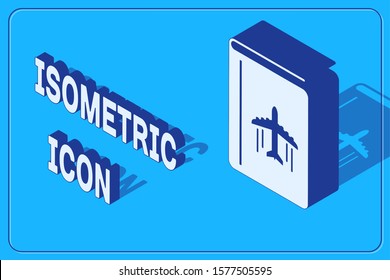 Isometric Cover book travel guide icon isolated on blue background.  Vector Illustration