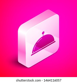 Isometric Covered with a tray of food icon isolated on pink background. Tray and lid sign. Restaurant cloche with lid. kitchenware symbol. Silver square button. Vector Illustration