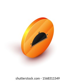 Isometric Covered with a tray of food icon isolated on white background. Tray and lid sign. Restaurant cloche with lid. Kitchenware symbol. Orange circle button. Vector Illustration