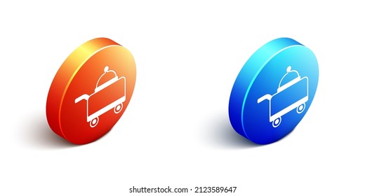 Isometric Covered with a tray of food icon isolated on white background. Tray and lid sign. Restaurant cloche with lid. Orange and blue circle button. Vector