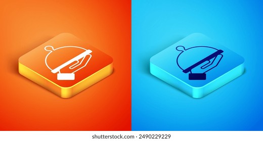 Isometric Covered with a tray of food icon isolated on orange and blue background. Tray and lid sign. Restaurant cloche with lid.  Vector