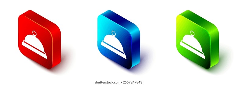 Isometric Covered with a tray of food icon isolated on white background. Tray and lid sign. Restaurant cloche with lid. Red, blue and green square button. Vector