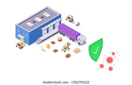 Isometric Covid-19 Safety Warehouse Delivery Service Transport Box Package Goods Food Parcel Cargo Vector Illustration. Boxes Packages Parcels Safe Logistic Shiping Design Isolated On White Background